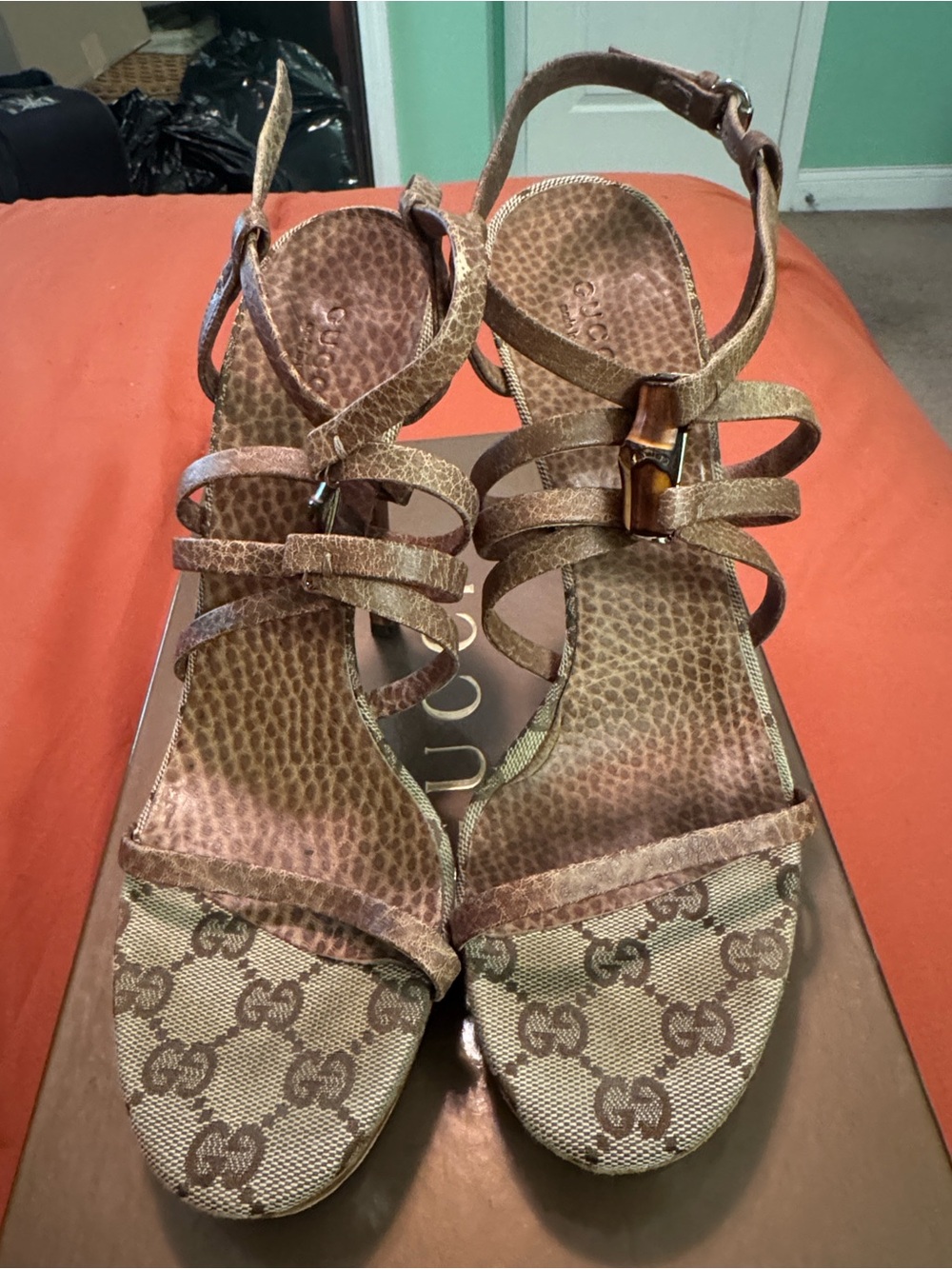 Gucci Beige and Brown GG Canvas Strappy Wedge Sandals